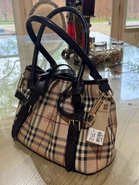Burberry Beige Plaid Satchel with Black Leather and Gold Hardware